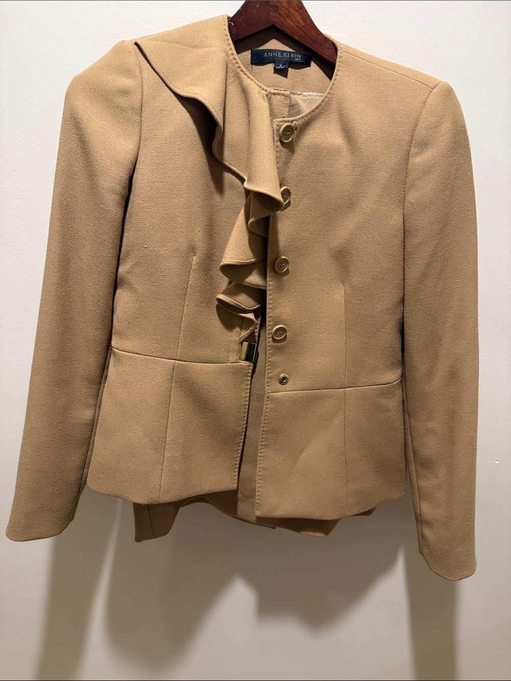 Anne Klein Tan Ruffle-Front Blazer and Skirt Suit